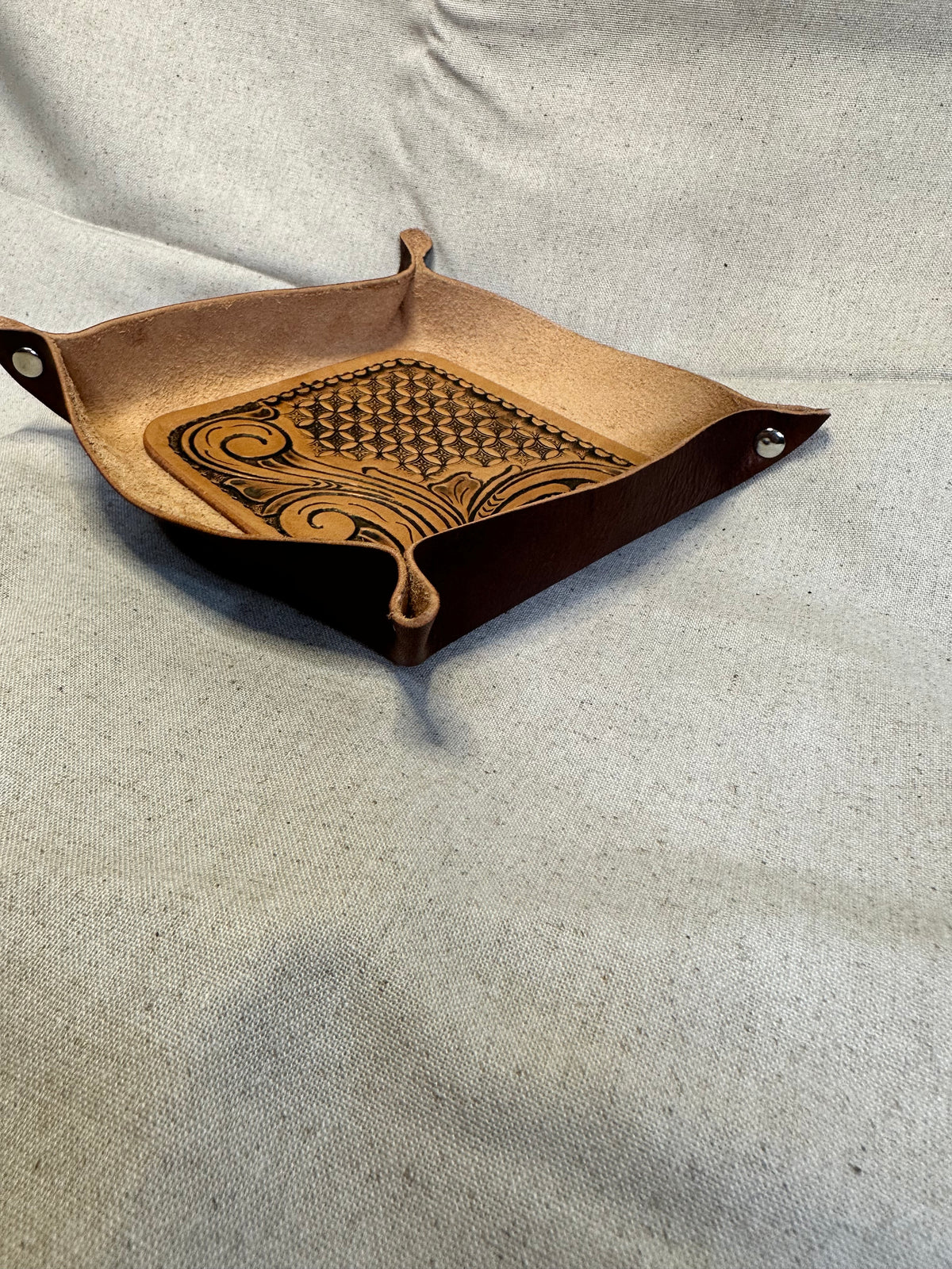 Valet Tray - Floral Tooled & Geometric / Lighter Brown Leather