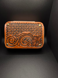 Hand Tooled Leather Jewelry Box, Pink