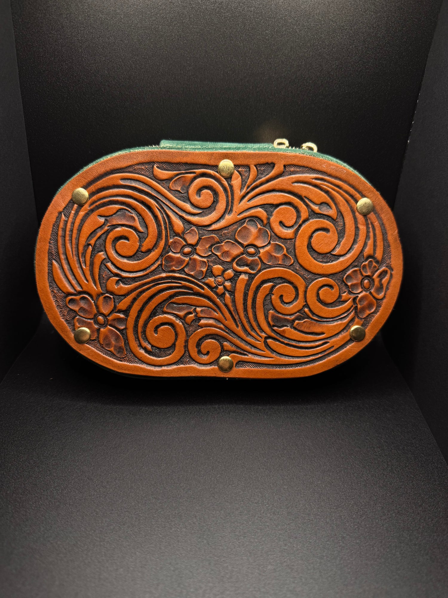 Hand Tooled Leather Jewelry Box, Green Velvet