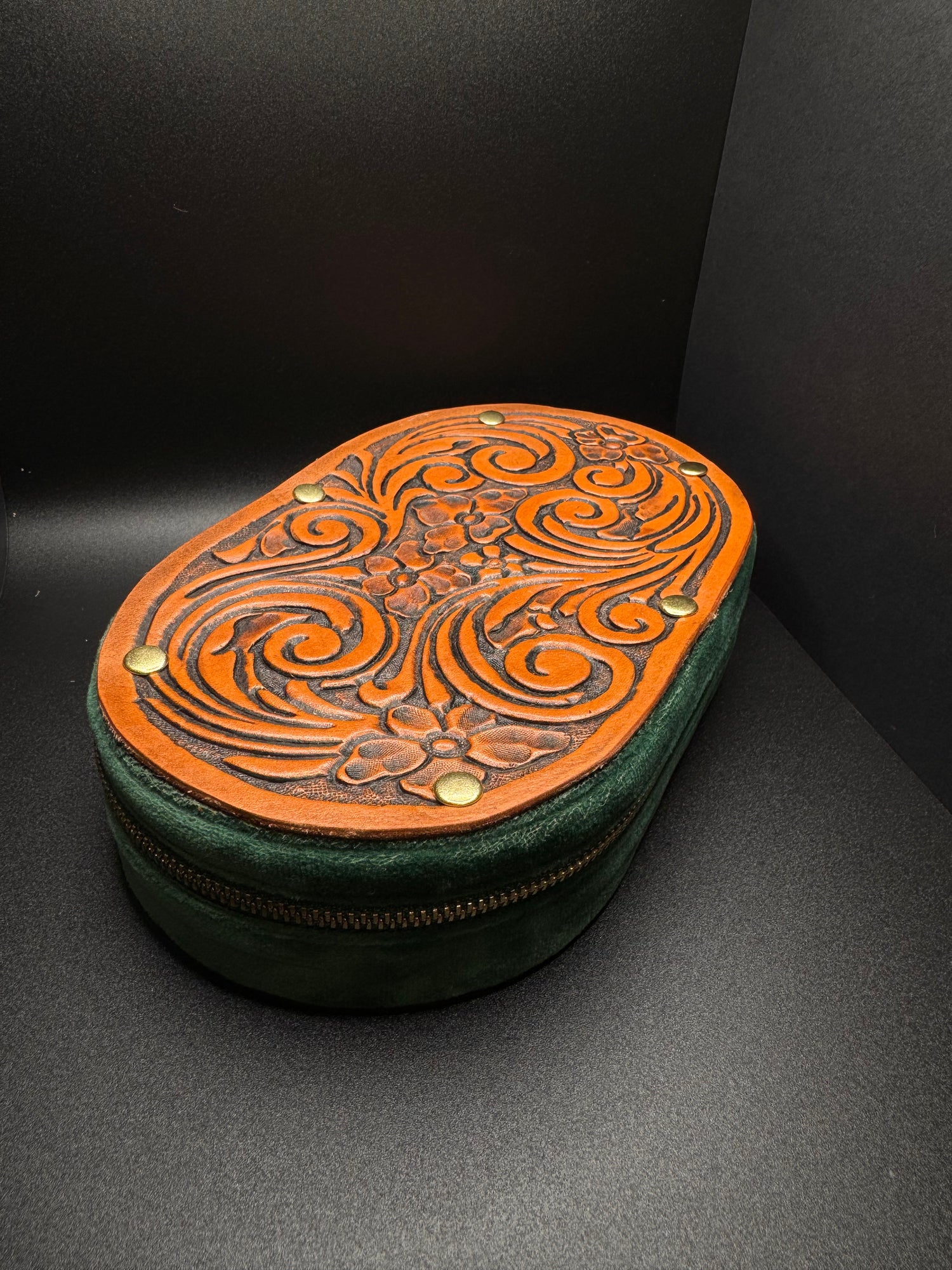 Hand Tooled Leather Jewelry Box, Green Velvet