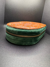 Hand Tooled Leather Jewelry Box, Green Velvet